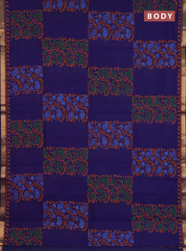 Mangalagiri cotton block printed saree violet shade with allover prints and mangalgiri border