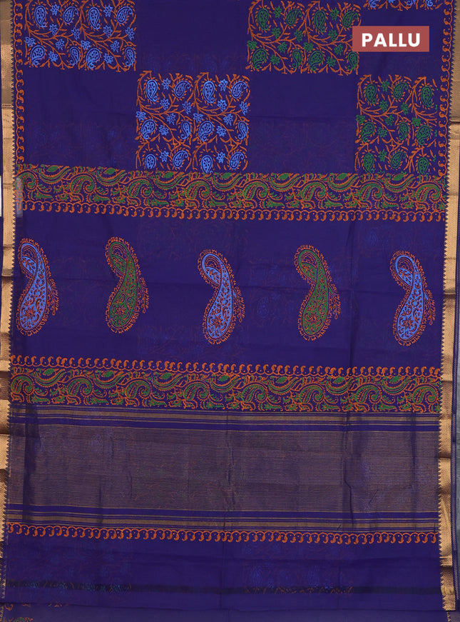 Mangalagiri cotton block printed saree violet shade with allover prints and mangalgiri border