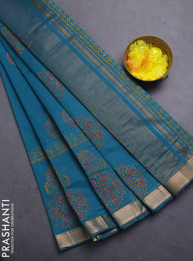 Mangalagiri cotton block printed saree peacock green with paisley butta prints and mangalgiri border