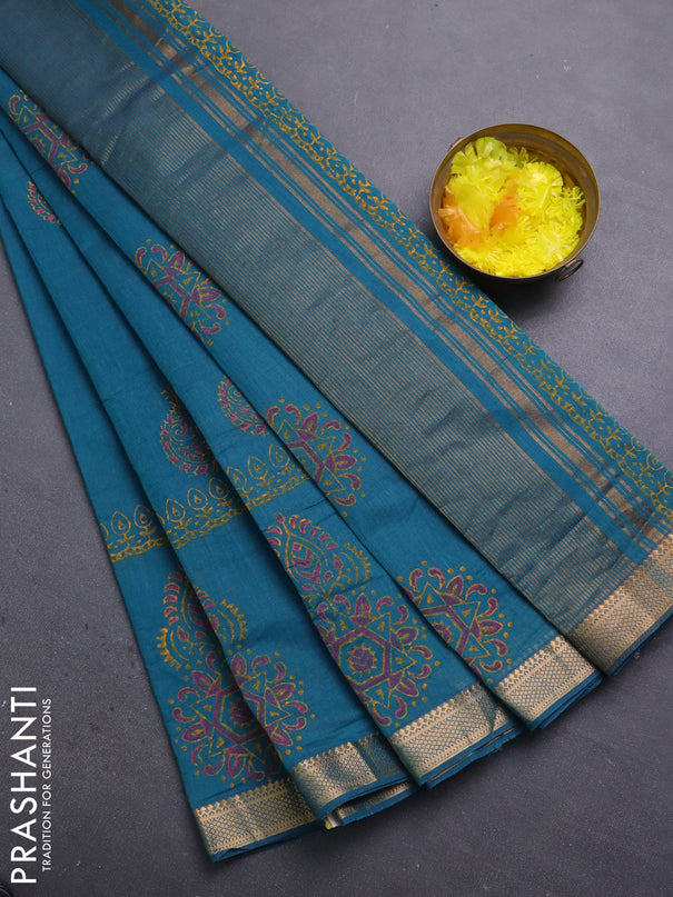 Mangalagiri cotton block printed saree peacock green with paisley butta prints and mangalgiri border