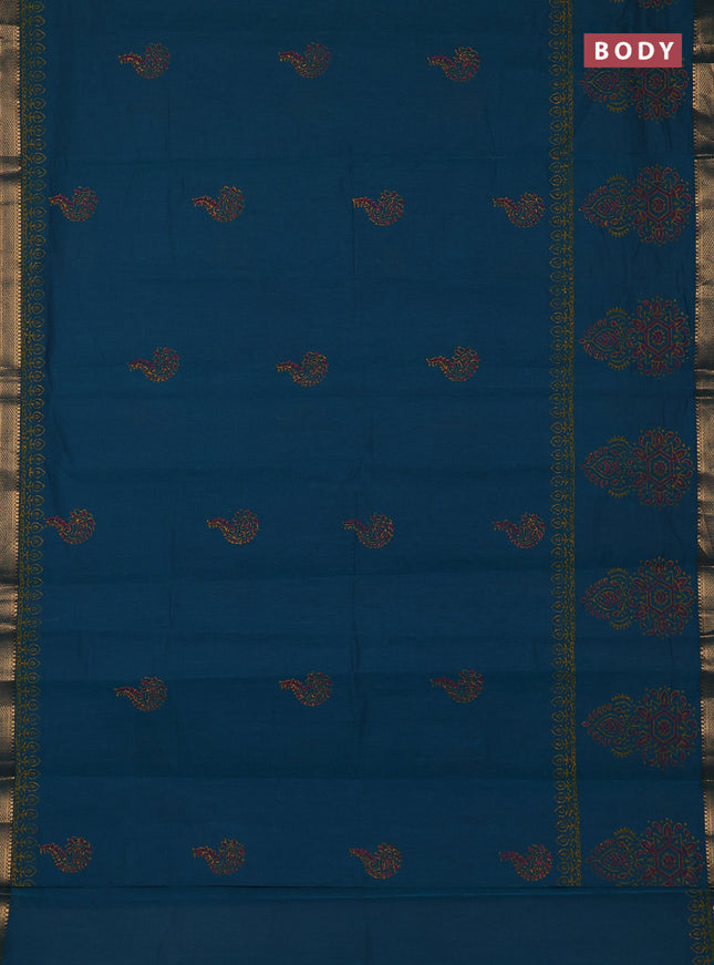 Mangalagiri cotton block printed saree peacock green with paisley butta prints and mangalgiri border