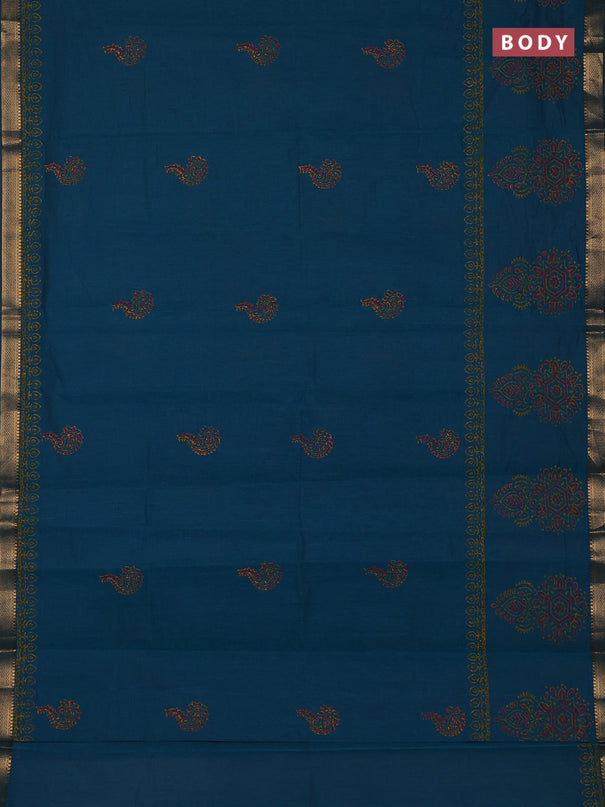 Mangalagiri cotton block printed saree peacock green with paisley butta prints and mangalgiri border
