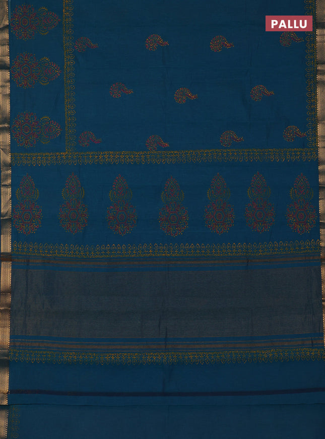 Mangalagiri cotton block printed saree peacock green with paisley butta prints and mangalgiri border