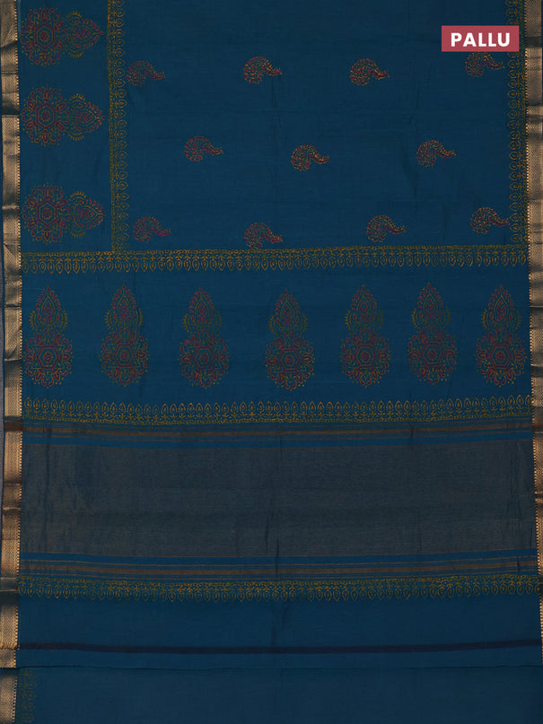 Mangalagiri cotton block printed saree peacock green with paisley butta prints and mangalgiri border