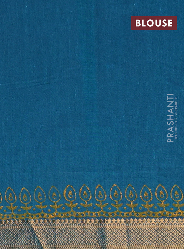 Mangalagiri cotton block printed saree peacock green with paisley butta prints and mangalgiri border