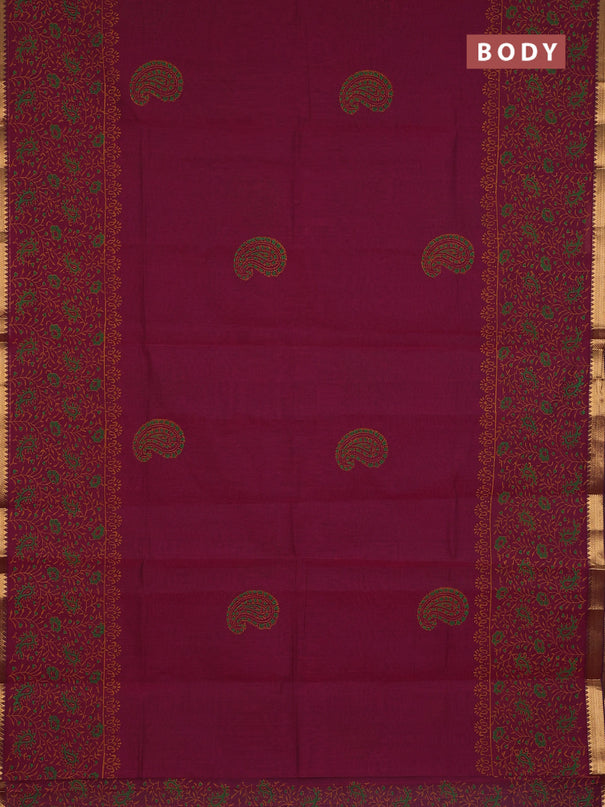 Mangalagiri cotton block printed saree magenta pink with paisley butta prints and mangalgiri border