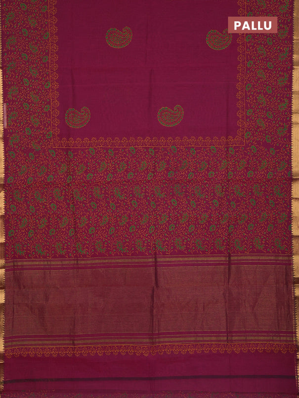 Mangalagiri cotton block printed saree magenta pink with paisley butta prints and mangalgiri border