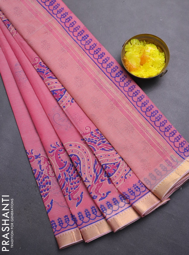 Mangalagiri cotton block printed saree pink with annam butta prints and mangalgiri border