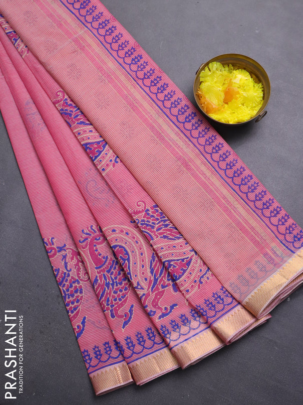 Mangalagiri cotton block printed saree pink with annam butta prints and mangalgiri border