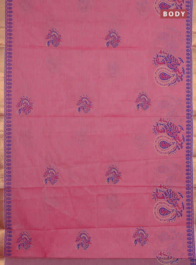 Mangalagiri cotton block printed saree pink with annam butta prints and mangalgiri border