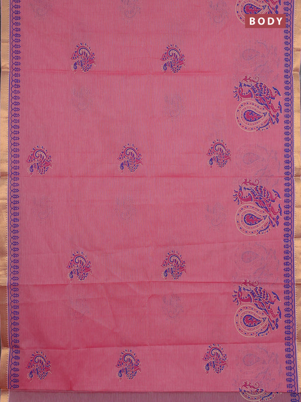 Mangalagiri cotton block printed saree pink with annam butta prints and mangalgiri border