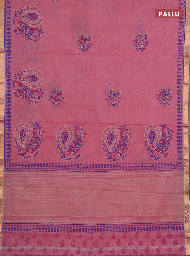 Mangalagiri cotton block printed saree pink with annam butta prints and mangalgiri border
