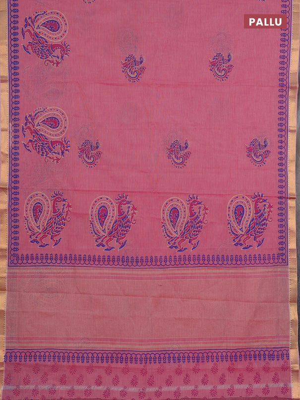 Mangalagiri cotton block printed saree pink with annam butta prints and mangalgiri border