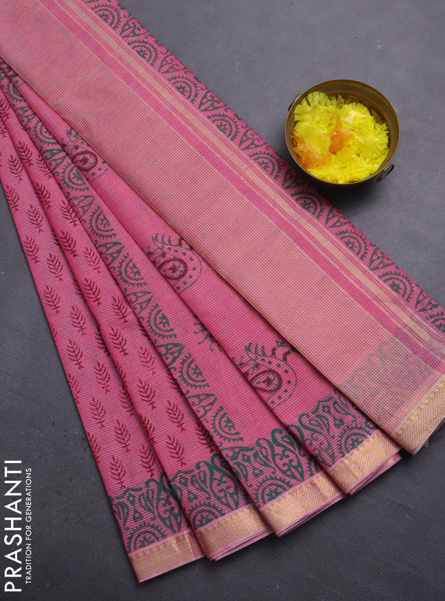 Mangalagiri cotton block printed saree pink with allover butta prints and mangalgiri border