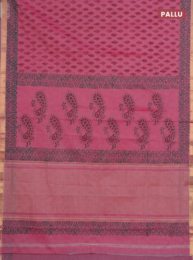 Mangalagiri cotton block printed saree pink with allover butta prints and mangalgiri border