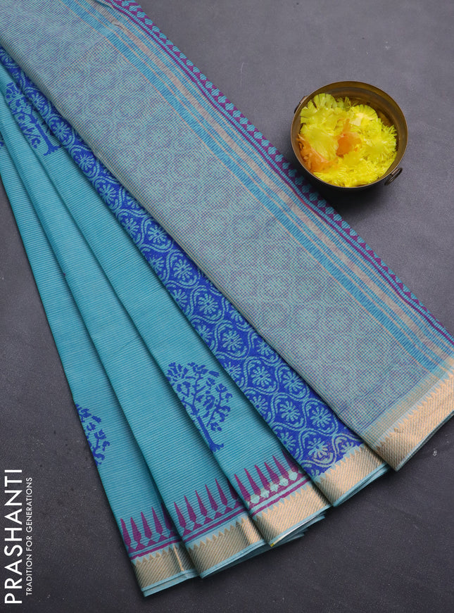Mangalagiri cotton block printed saree teal blue with butta prints and mangalgiri border