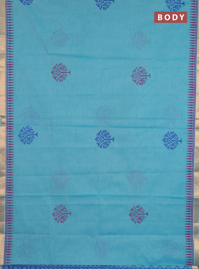 Mangalagiri cotton block printed saree teal blue with butta prints and mangalgiri border