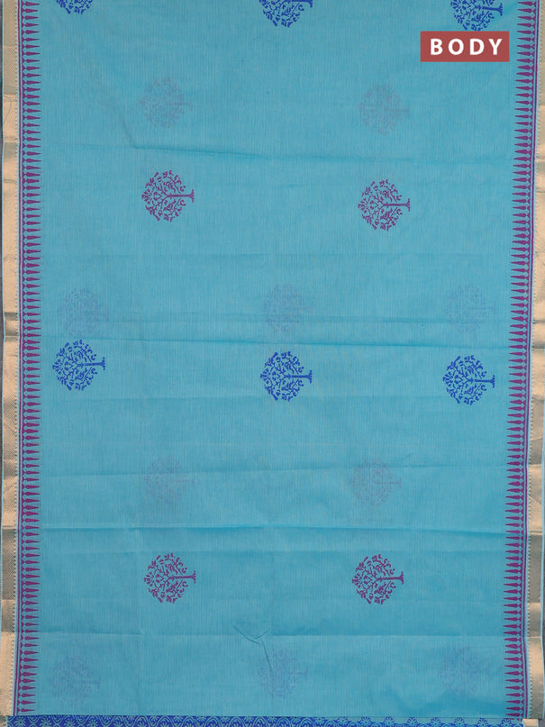 Mangalagiri cotton block printed saree teal blue with butta prints and mangalgiri border