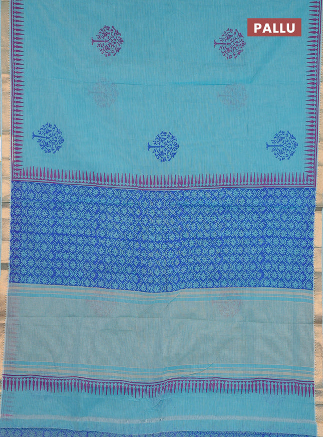 Mangalagiri cotton block printed saree teal blue with butta prints and mangalgiri border