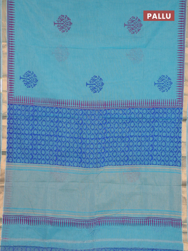 Mangalagiri cotton block printed saree teal blue with butta prints and mangalgiri border