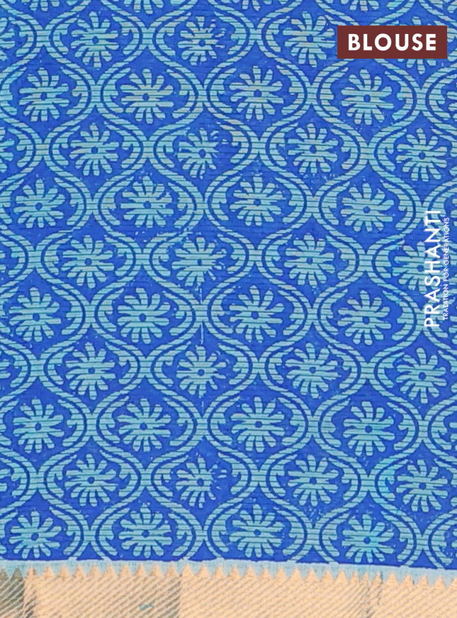 Mangalagiri cotton block printed saree teal blue with butta prints and mangalgiri border