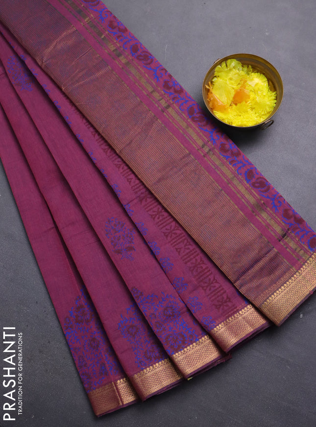 Mangalagiri cotton block printed saree wine shade with butta prints and mangalgiri border