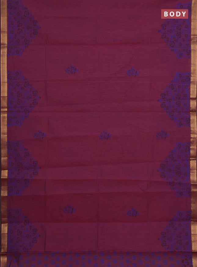 Mangalagiri cotton block printed saree wine shade with butta prints and mangalgiri border