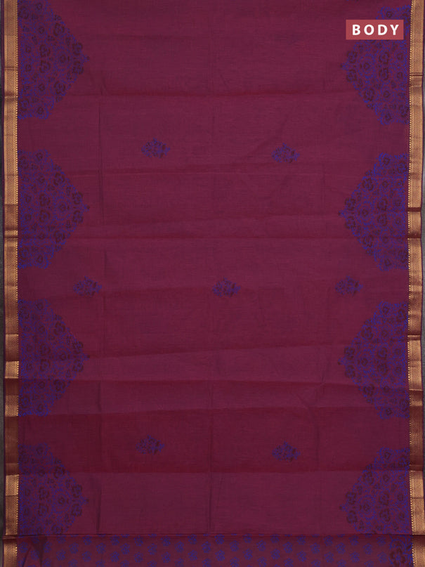 Mangalagiri cotton block printed saree wine shade with butta prints and mangalgiri border