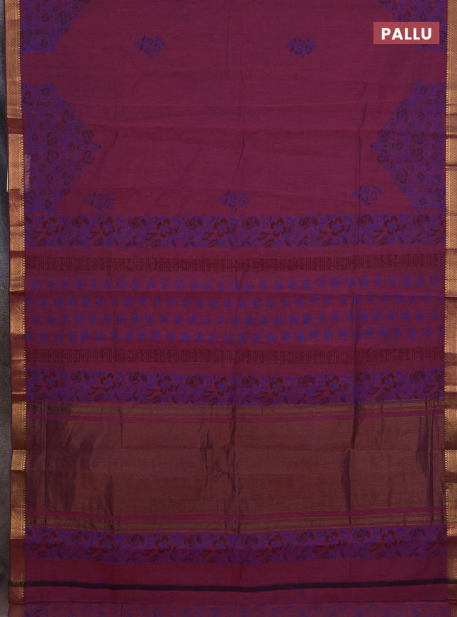 Mangalagiri cotton block printed saree wine shade with butta prints and mangalgiri border