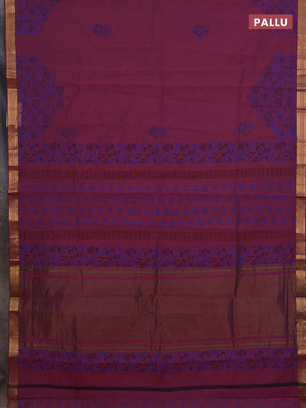 Mangalagiri cotton block printed saree wine shade with butta prints and mangalgiri border