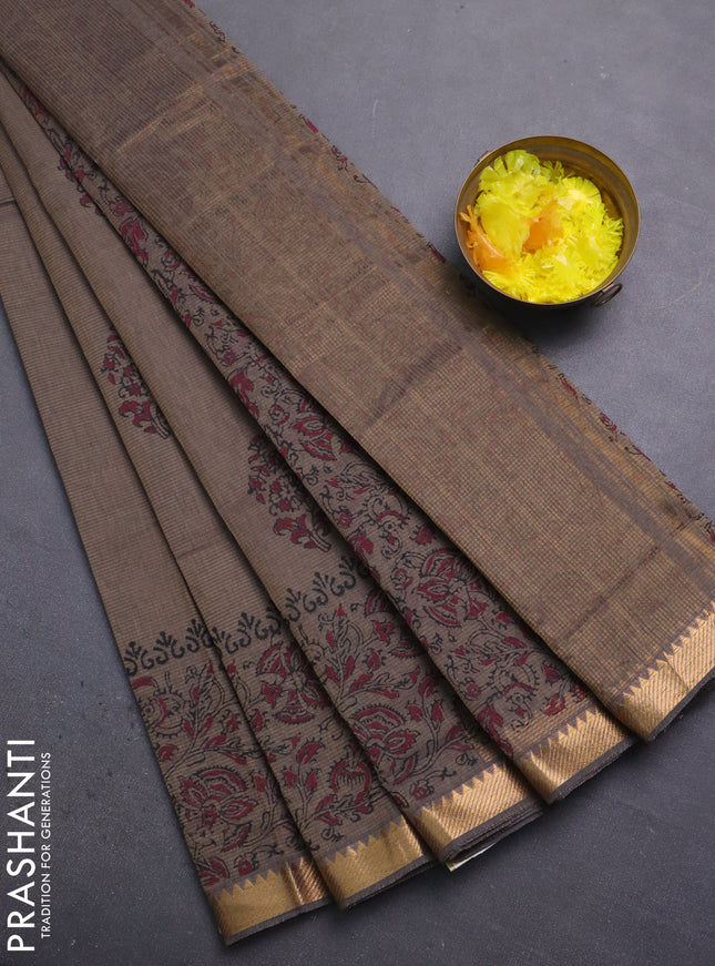 Mangalagiri cotton block printed saree chikku shade with butta prints and mangalgiri border