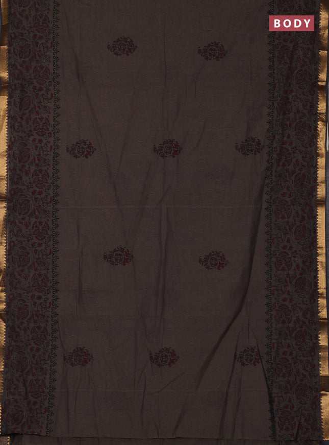 Mangalagiri cotton block printed saree chikku shade with butta prints and mangalgiri border