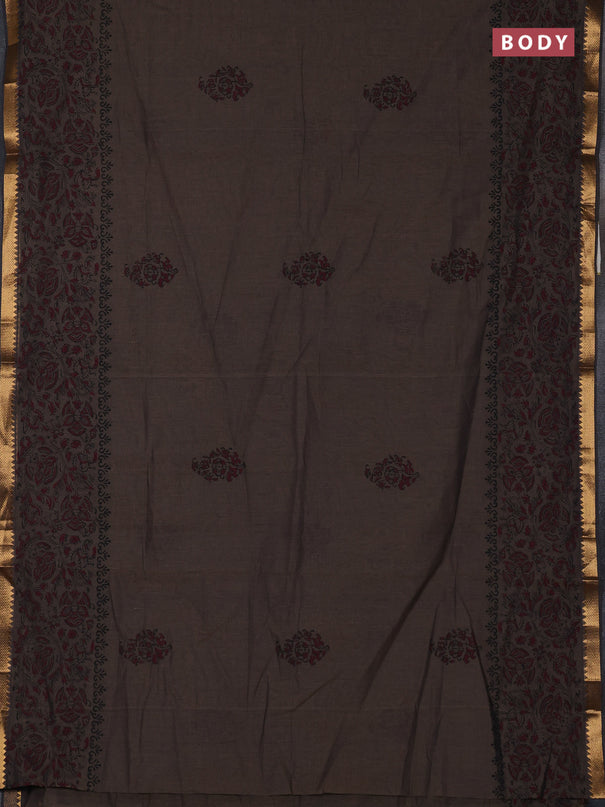 Mangalagiri cotton block printed saree chikku shade with butta prints and mangalgiri border