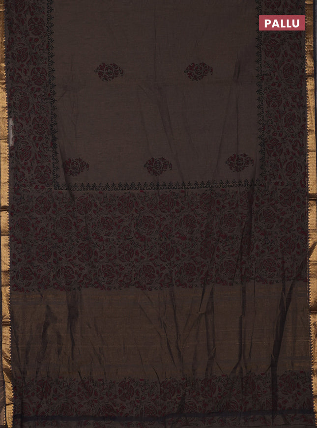 Mangalagiri cotton block printed saree chikku shade with butta prints and mangalgiri border
