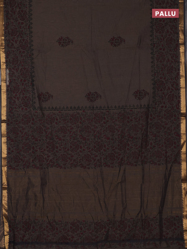 Mangalagiri cotton block printed saree chikku shade with butta prints and mangalgiri border