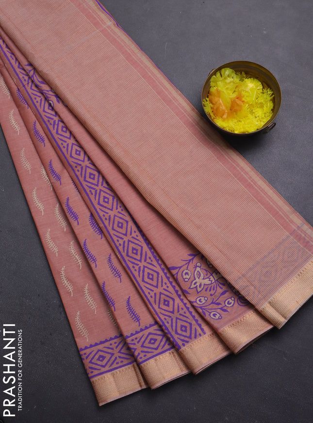 Mangalagiri cotton block printed saree peach shade with allover butta prints and mangalgiri border