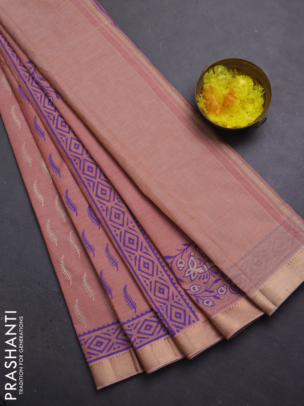 Mangalagiri cotton block printed saree peach shade with allover butta prints and mangalgiri border