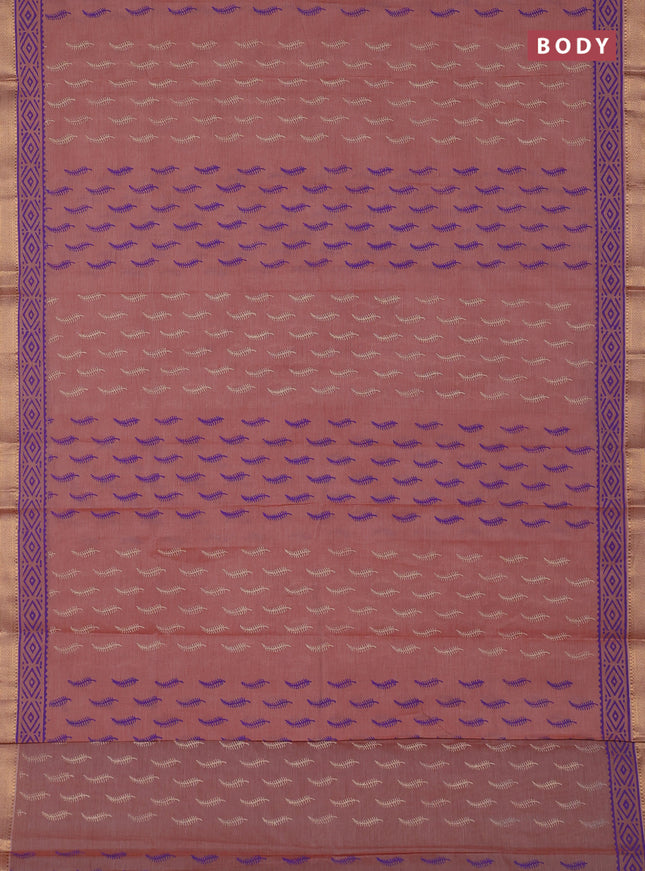 Mangalagiri cotton block printed saree peach shade with allover butta prints and mangalgiri border