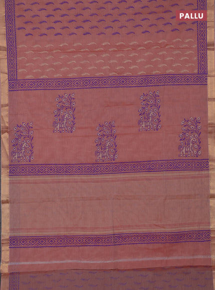 Mangalagiri cotton block printed saree peach shade with allover butta prints and mangalgiri border