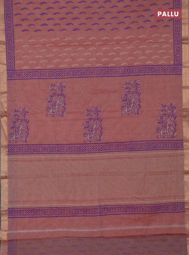 Mangalagiri cotton block printed saree peach shade with allover butta prints and mangalgiri border