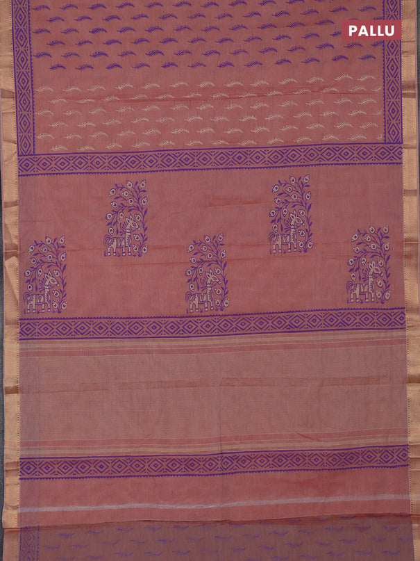 Mangalagiri cotton block printed saree peach shade with allover butta prints and mangalgiri border