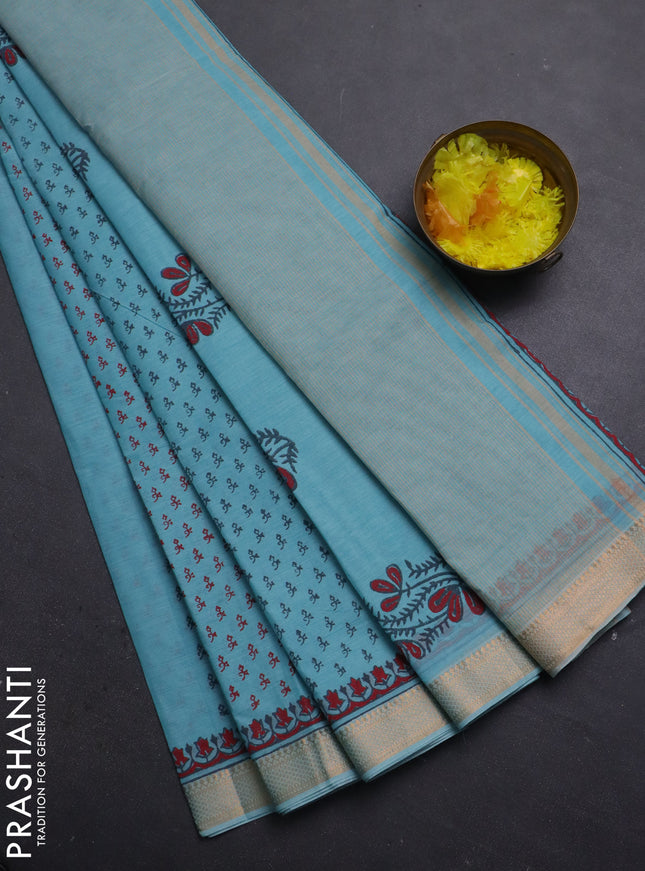 Mangalagiri cotton block printed saree teal blue with allover butta prints and mangalgiri border