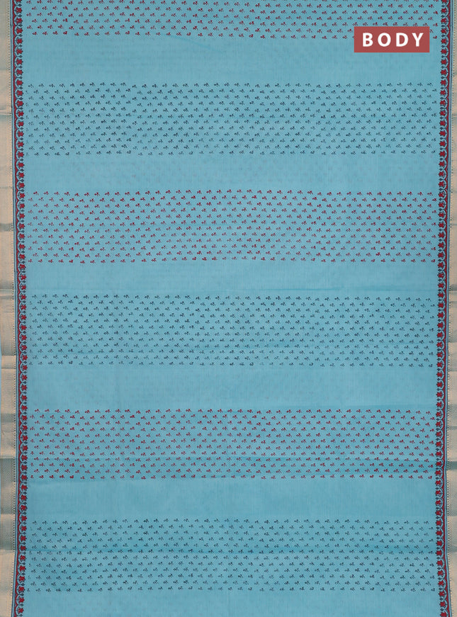 Mangalagiri cotton block printed saree teal blue with allover butta prints and mangalgiri border
