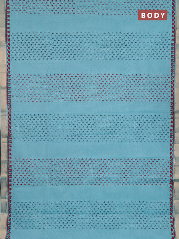 Mangalagiri cotton block printed saree teal blue with allover butta prints and mangalgiri border