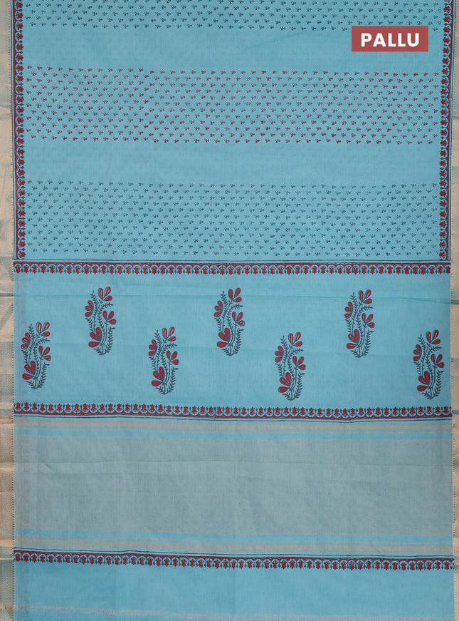 Mangalagiri cotton block printed saree teal blue with allover butta prints and mangalgiri border