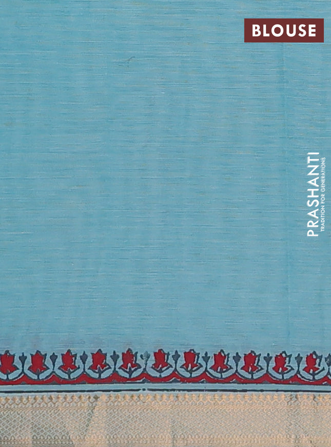 Mangalagiri cotton block printed saree teal blue with allover butta prints and mangalgiri border