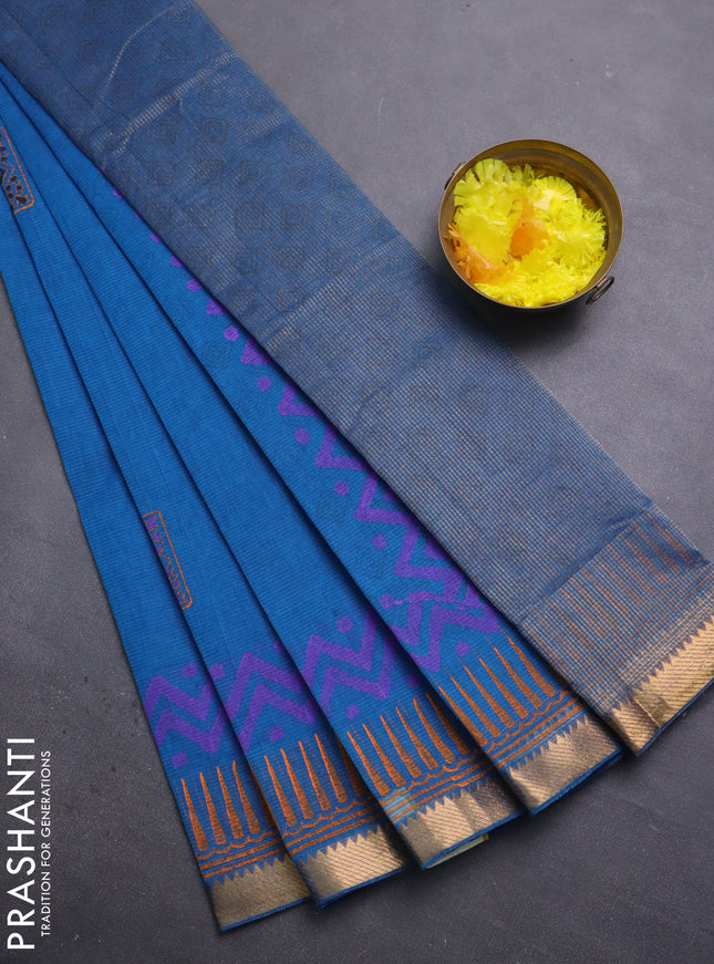 Mangalagiri cotton block printed saree cs blue with butta prints and mangalgiri border