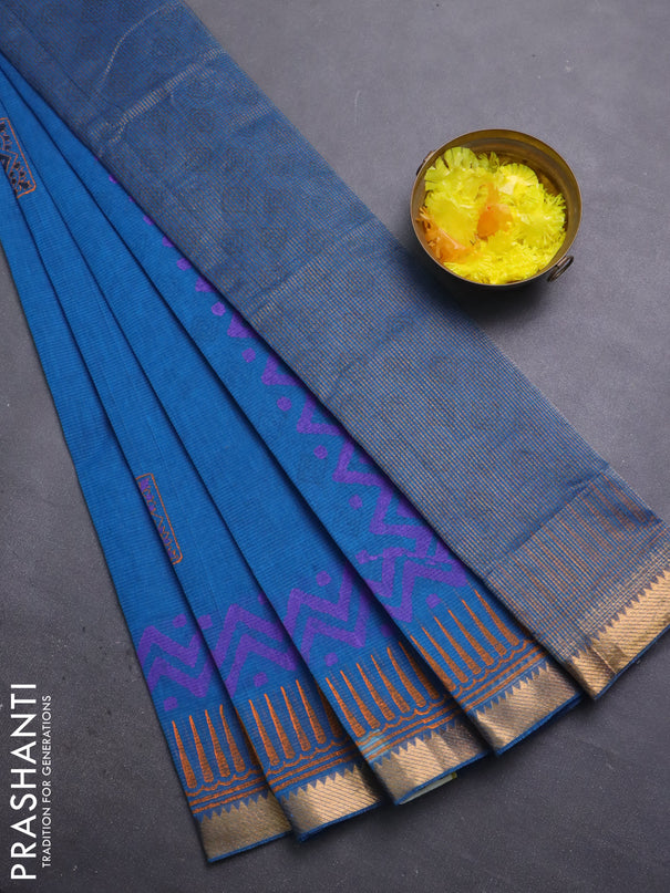 Mangalagiri cotton block printed saree cs blue with butta prints and mangalgiri border