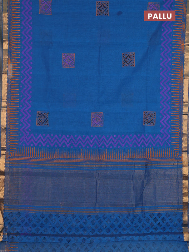 Mangalagiri cotton block printed saree cs blue with butta prints and mangalgiri border