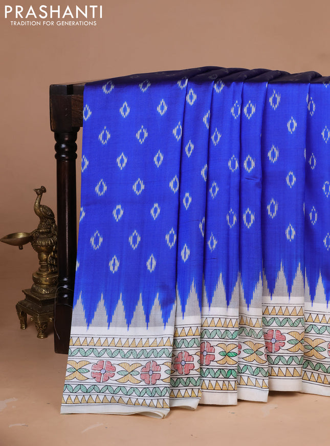 Pochampally silk saree royal blue and cream with allover ikat woven buttas and madhubani prints